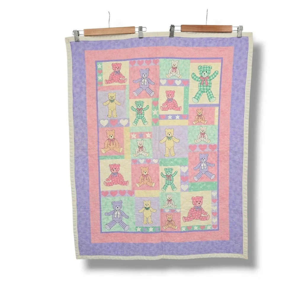 Vintage Pastel Teddy Bear Baby Quilt Reversible Patchwork Pink Purple 34x42